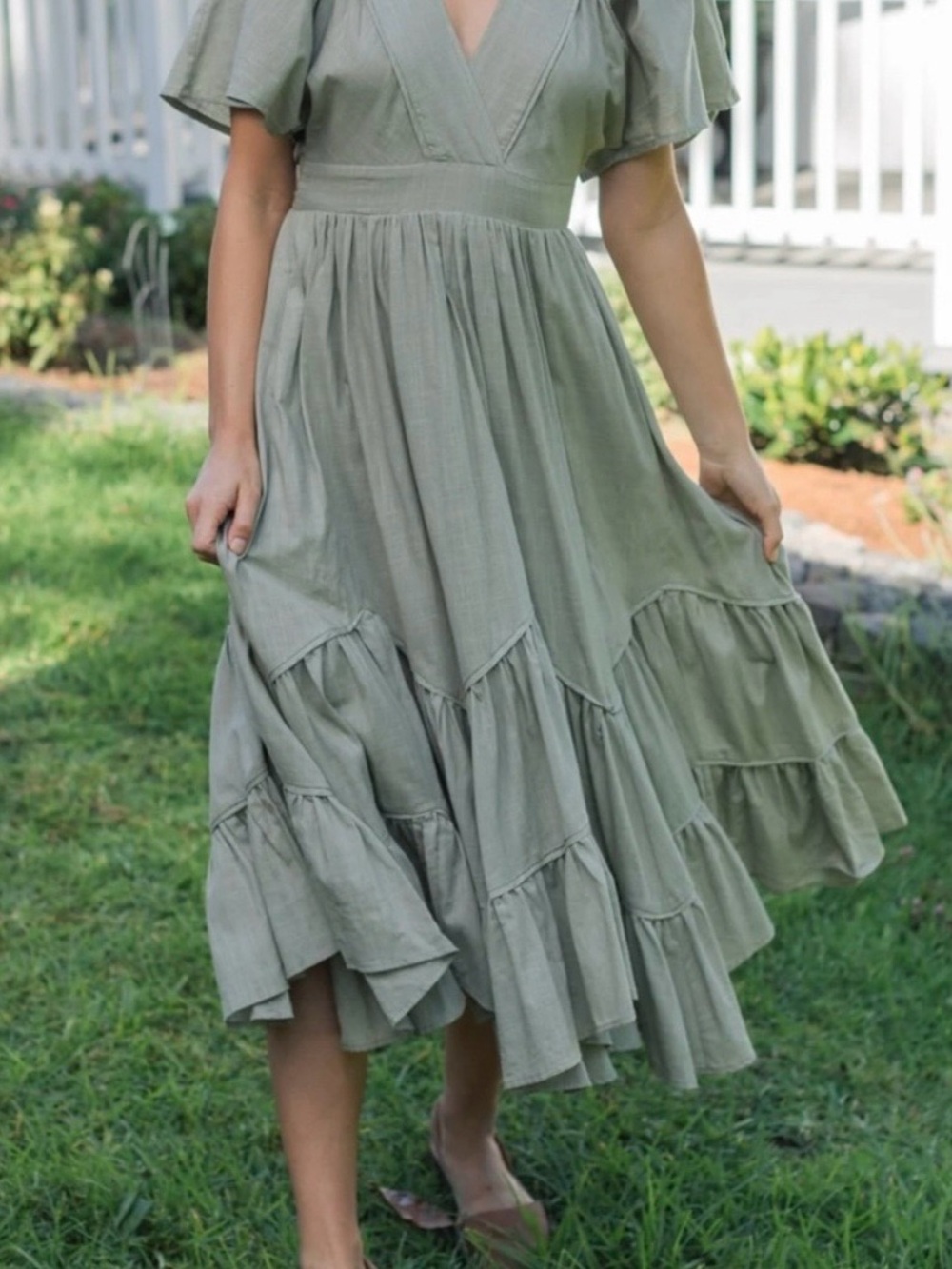 Neuflora Light Green Sage Soft Cotton Linen Blend Midi Dress Size Small
